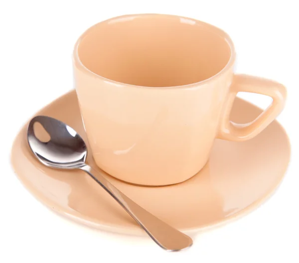 Xícara vazia com colher de chá isolada em branco — Fotografia de Stock