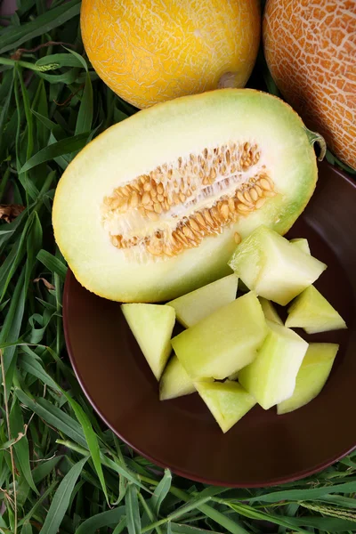 Slices of melon on brown plate on fresh grass background — Stock Photo, Image