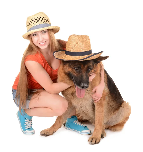 Mooi meisje met hond geïsoleerd op wit — Stockfoto