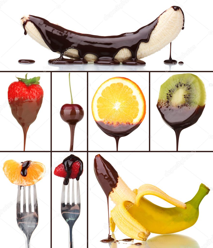 Tasty dessert collage - fruits with chocolate isolated on white