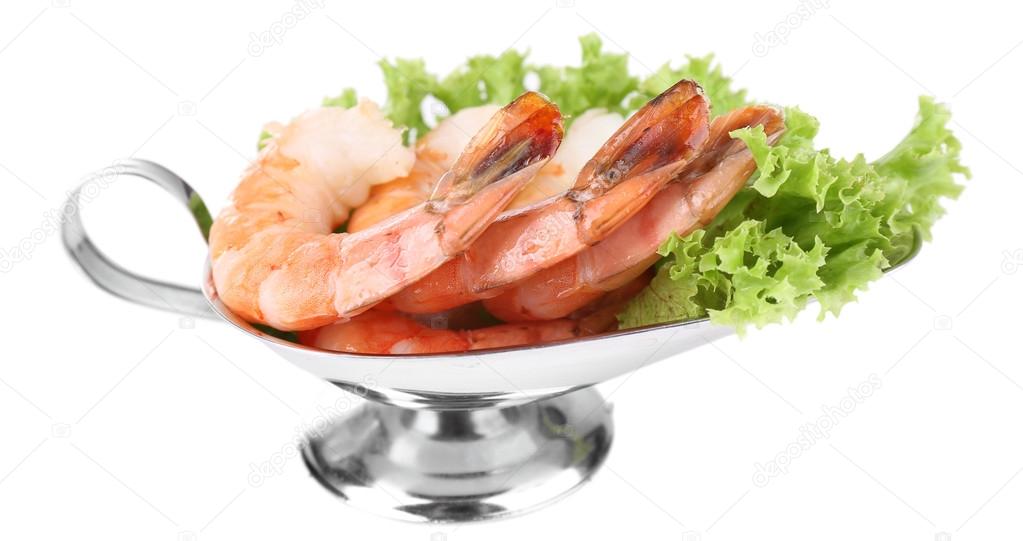 Fresh boiled prawns with lettuce on a metal bowl on white background isolated