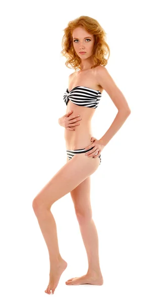 Mujer joven con cuerpo delgado en traje de baño aislado en blanco —  Fotos de Stock