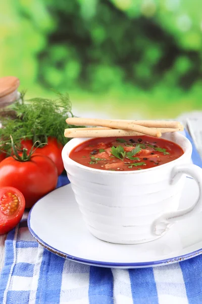 Tasty tomato soup with croutons on table on natural background — Stock Photo, Image