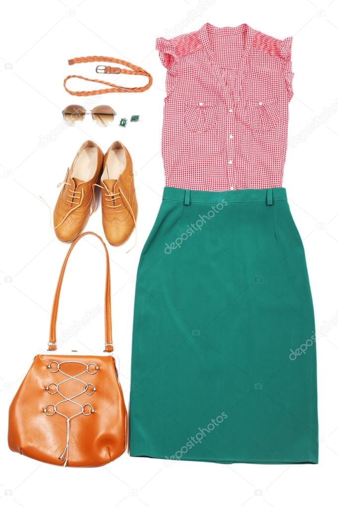 Outfit of clothes and woman accessories