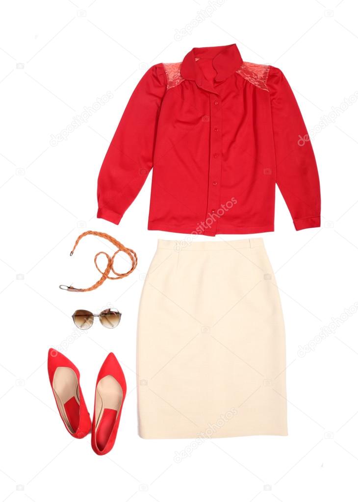 Outfit of clothes and woman accessories