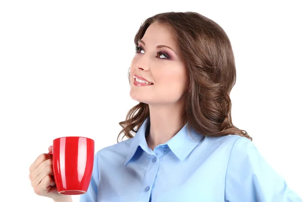 Young business woman with cup isolated on white — Stock Photo, Image