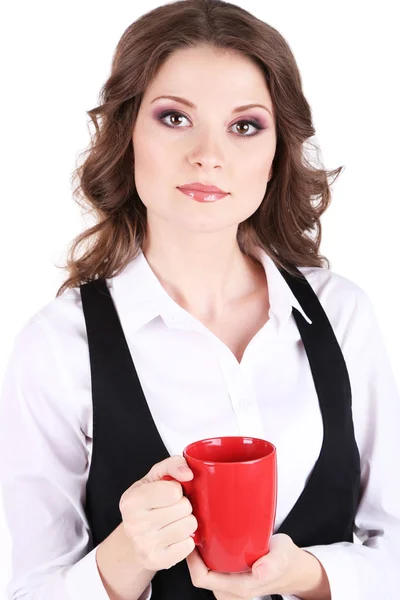 Jeune femme d'affaires avec tasse isolée sur blanc — Photo