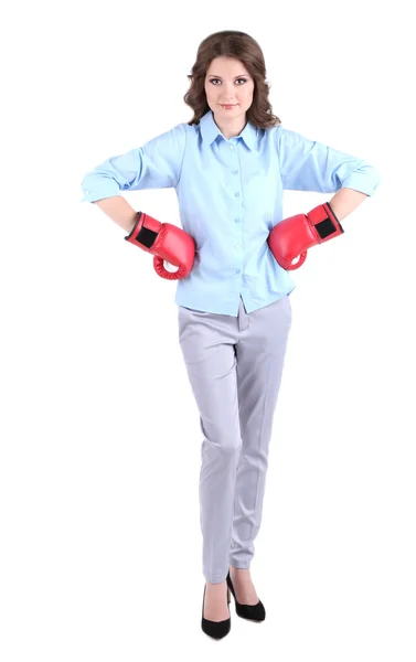 Junge schöne Geschäftsfrau mit Boxhandschuhen isoliert auf weiß — Stockfoto