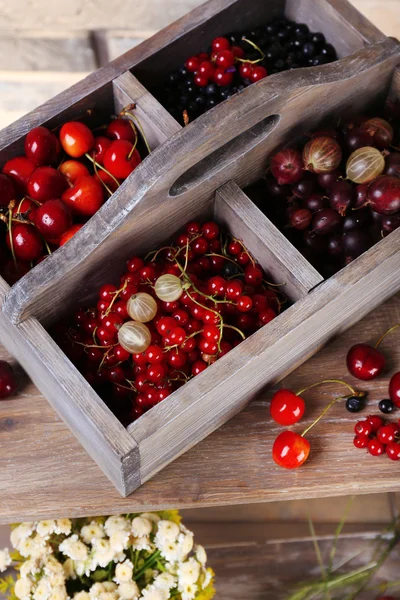 Свежие ягоды в деревянной коробке, закрыть — стоковое фото