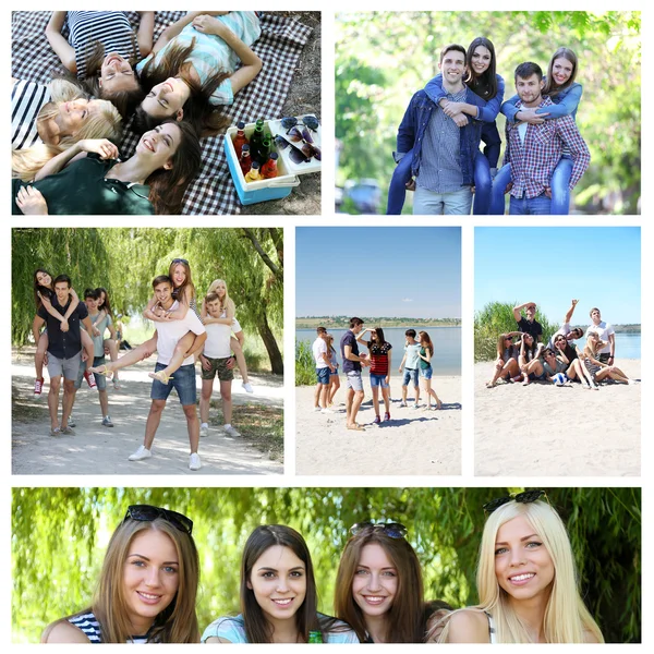 Collage di immagini con amici felici sulla spiaggia — Foto Stock