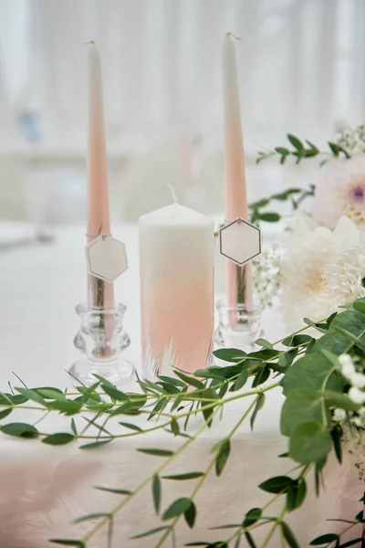 Beautiful Floral Arrangement Candles Candlestick Wedding Table Restaurant Copy Space — Stock Photo, Image