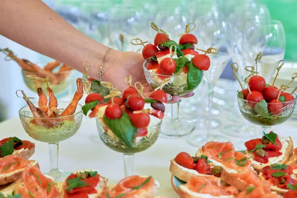 Buffet Table Snacks Canape Sandwiches Appetizers Luxury Wedding Reception Outdoors — Stock Photo, Image