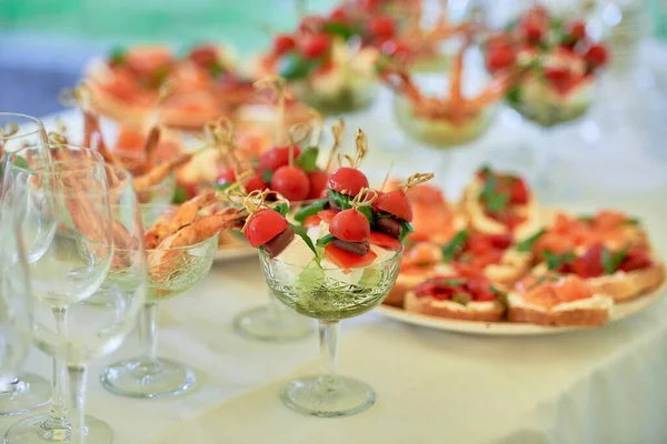 Buffet Table Snacks Canape Sandwiches Appetizers Luxury Wedding Reception Outdoors — Stock Photo, Image