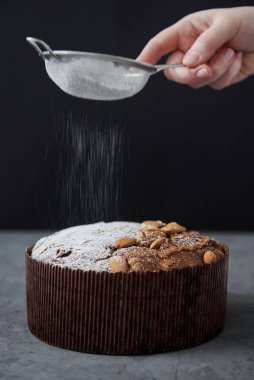 Koyu arkaplanda şeker tozuyla süslenmiş İtalyan Paskalya pastası, kopyalama alanı. Mutlu Paskalyalar. Panettone. Paskalya güvercini ekmeği Colomba