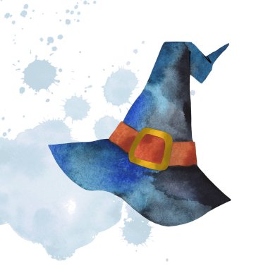 Mavi Cadılar Bayramı şapkalı suluboya. Şapka el çizimi suluboya. Cadılar Bayramı için Grunge tasarımı. Sihirli Şapka.