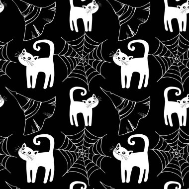 Kara kedi, cadılar bayramı şapkası ve örümcek ağıyla kusursuz bir cadılar bayramı deseni. Siyah üzerine sihirli arkaplan