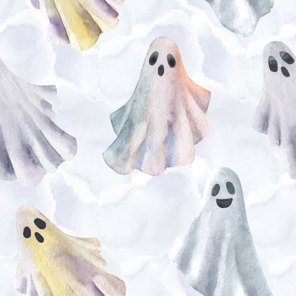 Fantasmas Halloween Engraçados Aquarela Sem Costura Padrão Ilustração Halloween Estilo — Fotografia de Stock