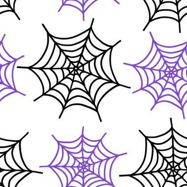 Örümcek ağıyla kusursuz bir Cadılar Bayramı deseni. Beyaza elle çizilmiş bir taslak. Çizgi çalışması. Vektör arkaplanı