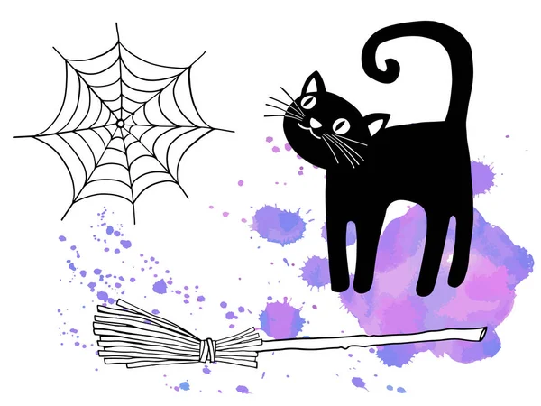 Halloween Design Mit Schwarzer Katze Spinnennetz Und Hexenbesen Auf Lila — Stockvektor