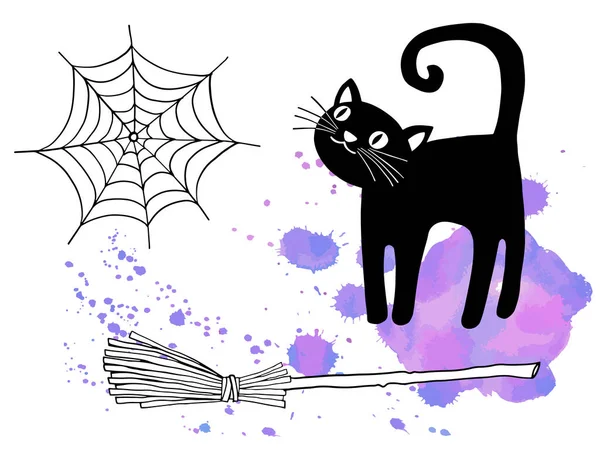 Halloween Design Con Gatto Nero Ragnatela Scopa Strega Sfondo Viola — Vettoriale Stock