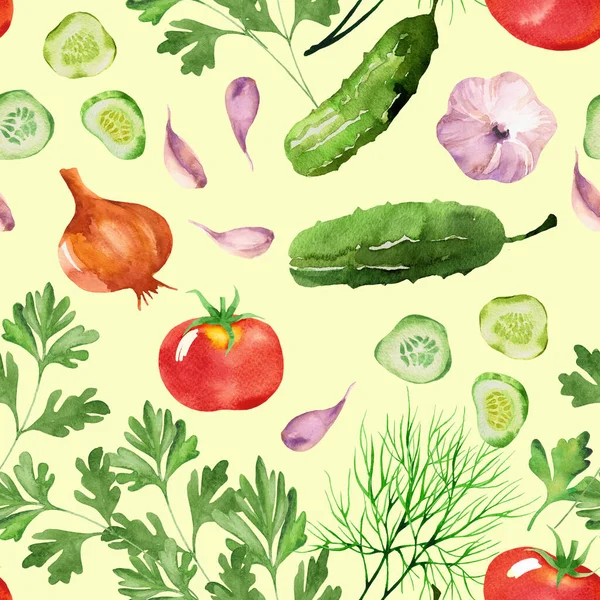 Handritade Grönsaker Stilren Akvarell Vegetabiliskt Sömlöst Mönster Med Tomater Gurka — Stockfoto