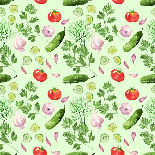 Χειροποίητα Λαχανικά Υδατογραφία Στυλ Φυτικό Μοτίβο Χωρίς Ραφή Ντομάτες Αγγούρι — Φωτογραφία Αρχείου