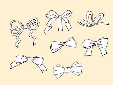 Fiyonklu şirin bir Noel seti. Noel hediyeleri için çeşitli fiyonklar. El çizimi taslak tarzı. Çizgi çalışması. Sarı zemin üzerinde tasarım elementleri olarak izole edilmiş yaylar.