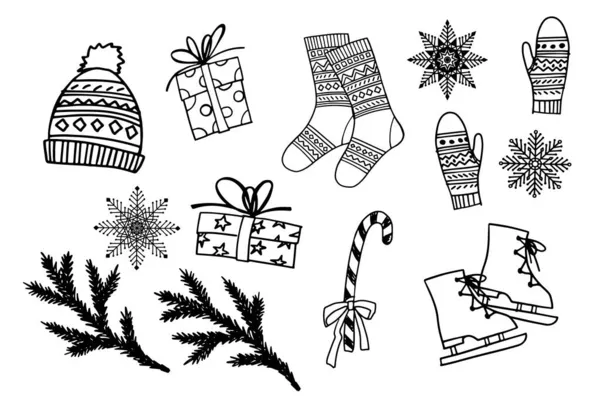 Ensemble Noël Avec Cadeaux Vacances Flocons Neige Croquis Dessiné Main — Image vectorielle