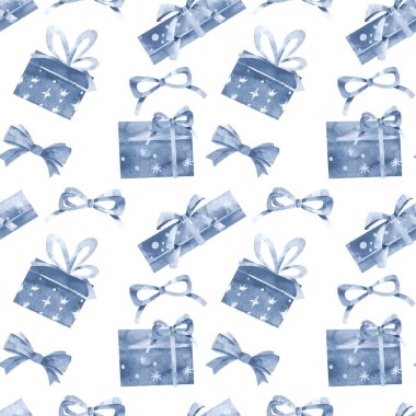 Kusursuz bir tatil düzeni. Hediye kutuları ve suluboya fiyonklarıyla renkli bir Noel geçmişi var. El çizimi suluboya. Kağıt, tekstil, kumaş ve ambalaj dekorasyonu için hoş bir illüstrasyon.