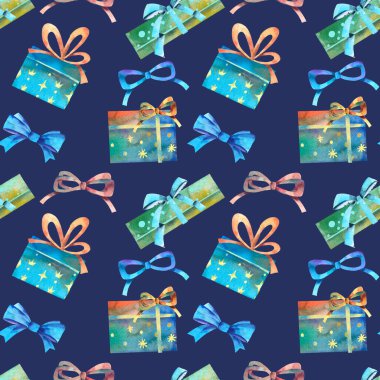 Kusursuz bir tatil düzeni. Hediye kutuları ve suluboya fiyonklarıyla renkli bir Noel geçmişi var. El çizimi suluboya. Kağıt, tekstil, kumaş ve ambalaj dekorasyonu için hoş bir illüstrasyon.