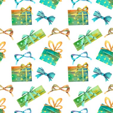 Kusursuz bir tatil düzeni. Hediye kutuları ve suluboya fiyonklarıyla renkli bir Noel geçmişi var. El çizimi suluboya. Kağıt, tekstil, kumaş ve ambalaj dekorasyonu için hoş bir illüstrasyon.