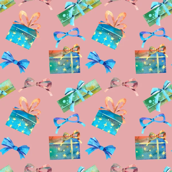 휴일물기 패턴이지 크리스마스 배경에 상자와 모양은 수채화이다 장식에 귀여운 — 스톡 사진