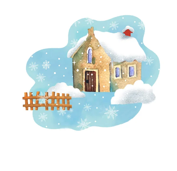 Karlı Küçük Evi Olan Şirin Bir Kış Manzarası Çizimi Suluboya — Stok fotoğraf