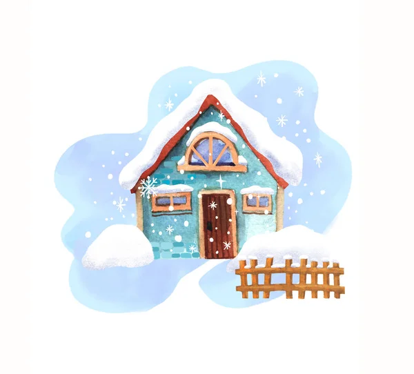 Cute Winter Landscape Snowy Little House Hand Drawn Style Watercolour — Stock Photo, Image