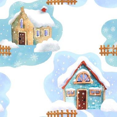 Muhteşem kış manzarası pürüzsüz desen. Karlı küçük evi olan şirin bir Noel manzarası. El çizimi suluboya. Tatil Kış arkaplanı.