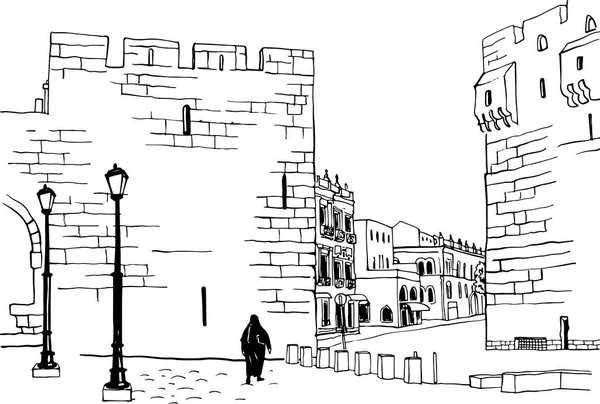 Gamla Gatan Jerusalem Färgglada Vektor Illustration Handritad Stil Forntida Murar — Stock vektor