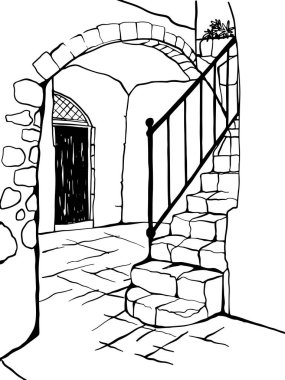 Ancient staircase in the monastery. Colourful vector illustration in hand drawn style. Jerusalem, Israel. Urban landscape sketch. Line art. Ink drawing on white. clipart