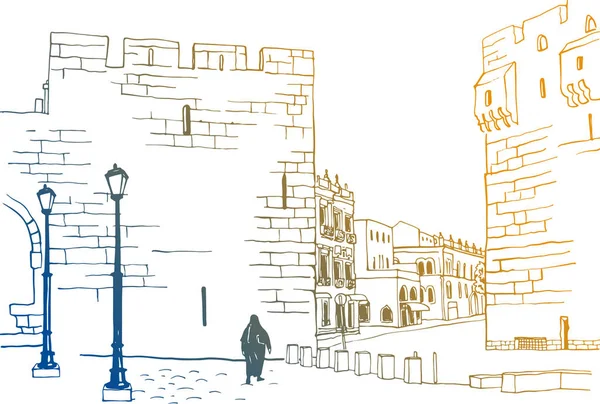Kudüs Eski Caddesi Renkli Vektör Çizimi Eski Duvarlar Kudüs Srail — Stok Vektör
