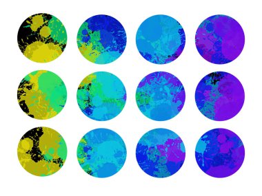 Colorful set with paint splash texture circles. Paint splatter surface. Digital illustration. Highlight covers. Social media stories. Round marble icons background. Isolated on white.