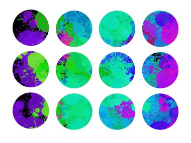 Colorful set with paint splash texture circles. Paint splatter surface. Digital illustration. Highlight covers. Social media stories. Round marble icons background. Isolated on white.