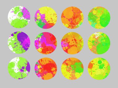 Colorful set with paint splash texture circles. Paint splatter surface. Digital illustration. Highlight covers. Social media stories. Round marble icons background. Isolated on white.