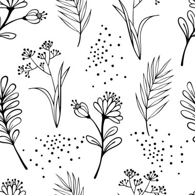 Soyut arka planda çiçek deseni var. Paskalya botaniğinin arka planında taslak çizimi var. Çizgi sanatı. Mürekkep çizimi.