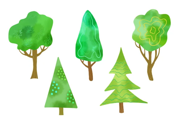 Σετ Ακουαρέλα Δέντρων Σχεδιαστικό Στοιχείο Αφηρημένο Χέρι Ζωγραφισμένο Ψηφιακό Φόντο — Φωτογραφία Αρχείου