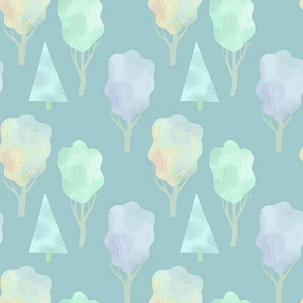 Nature Seamless Pattern Colorful Trees Watercolor Hand Drawn Digital Illustration — Stock Photo, Image