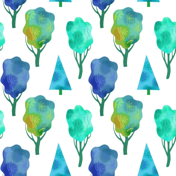 Nature Seamless Pattern Colorful Trees Watercolor Hand Drawn Digital Illustration — Stock Photo, Image