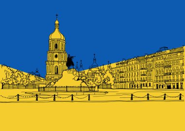 Güzel Kiev manzarası. Ukrayna Bayrak Duası. Ukrayna 'yı Rusya' dan kurtar. El çizimi çizimi. Sarı ve Mavi Renkler Arkaplanı.