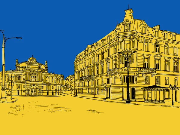 美しいオデッサの風景 ウクライナ国旗掲揚 ロシアからウクライナを救う 手描きの線画 黄色と青の色背景 — ストックベクタ