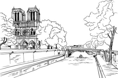 Paris köprüsü ve Seine nehrinin romantik manzarası. Paris, Fransa. El çizimi eskiz. Çizgi çalışması. Mürekkep çizimi. Beyaz üzerine siyah ve beyaz vektör arka planı. Resimler ve romantik kartpostallar için.