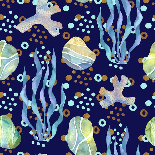 海鹅卵石和海藻无缝图案水彩画 珊瑚的水彩画海岩 手绘油画海洋水下背景 — 图库照片