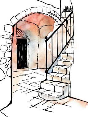 Manastırdaki kadim merdivenler. Elle çizilmiş siyah ve beyaz vektör çizimi. Kudüs, İsrail. Şehir manzarası çizimi. Çizgi çalışması. Arkaplan suluboya üzerine mürekkep çizimi.